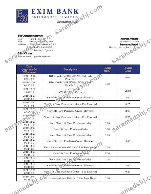 Djibouti Exim bank statement template in Word and PDF format
